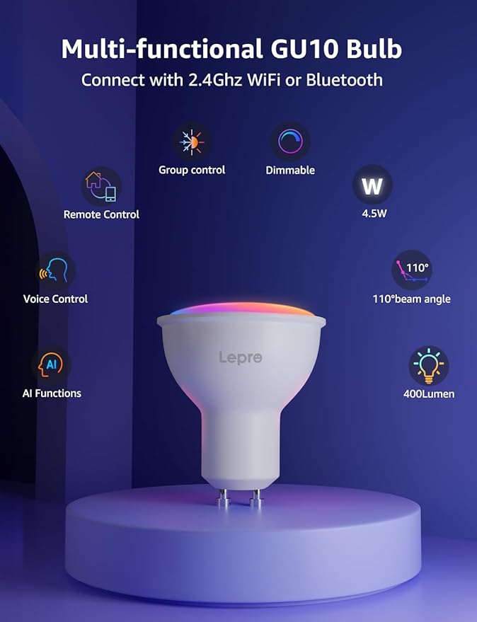 Lepro BG1 AI GU10 Smart Bulb - RGBCW Dimmable Color Changing LED Bulbs Works with Alexa & Google Assistant, Personalized Al Lighting Designer, Voice Control via App, Music Sync, 2.4G WiFi Only, 4 Pack