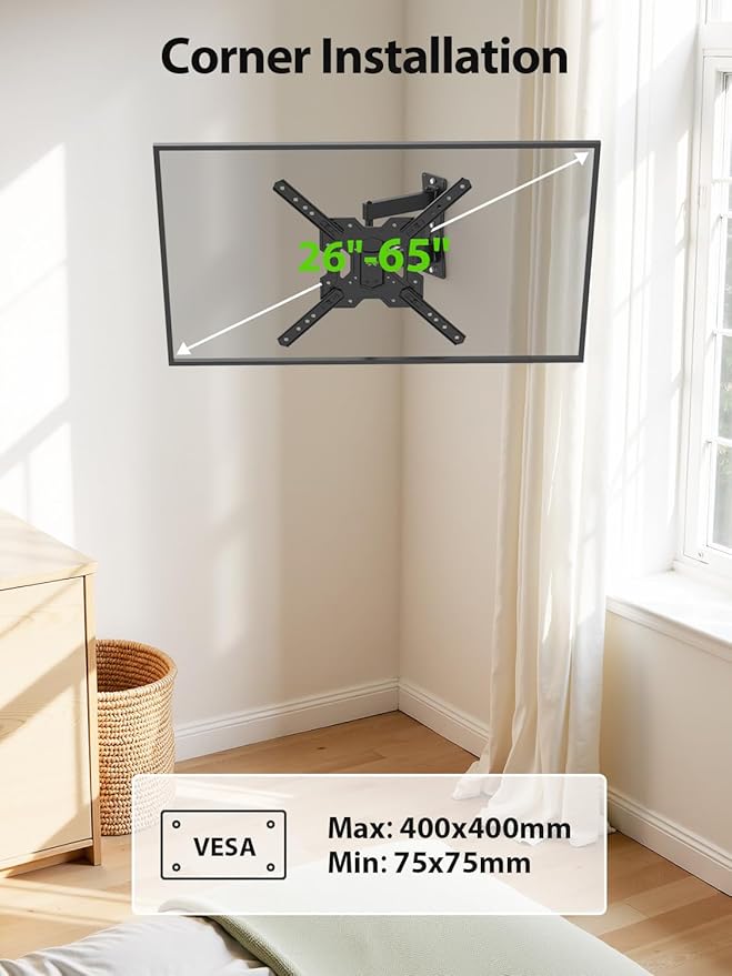 USX MOUNT UL Listed Full Motion TV Mount, Swivel Articulating Tilt TV Wall Mount for 26-65 Inch LED, 4K, Wall Mount Bracket with VESA 400x400mm Up to 77lbs, Perfect Center Design -XMM006-1