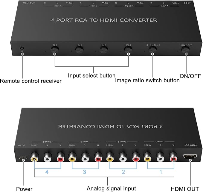 RuiPuo 4Port AV to HDMI Converter, 4Port AV to HDMI Switcher with IR Remote, Support 16:9/4:3 and Quick Switch Compatible with WII/N64/SNES/Xbox/PS1/PS2/PS3/VHS/VCR/DVD Players etc.(4AV In-1HDMI Out)