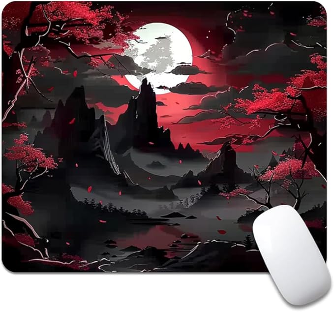 Red Trees, Mountains, and Moon Square Mouse pad, Texture, Waterproof, Anti Slip Rubber Base, Computer Mouse pad, Laptop Mouse pad