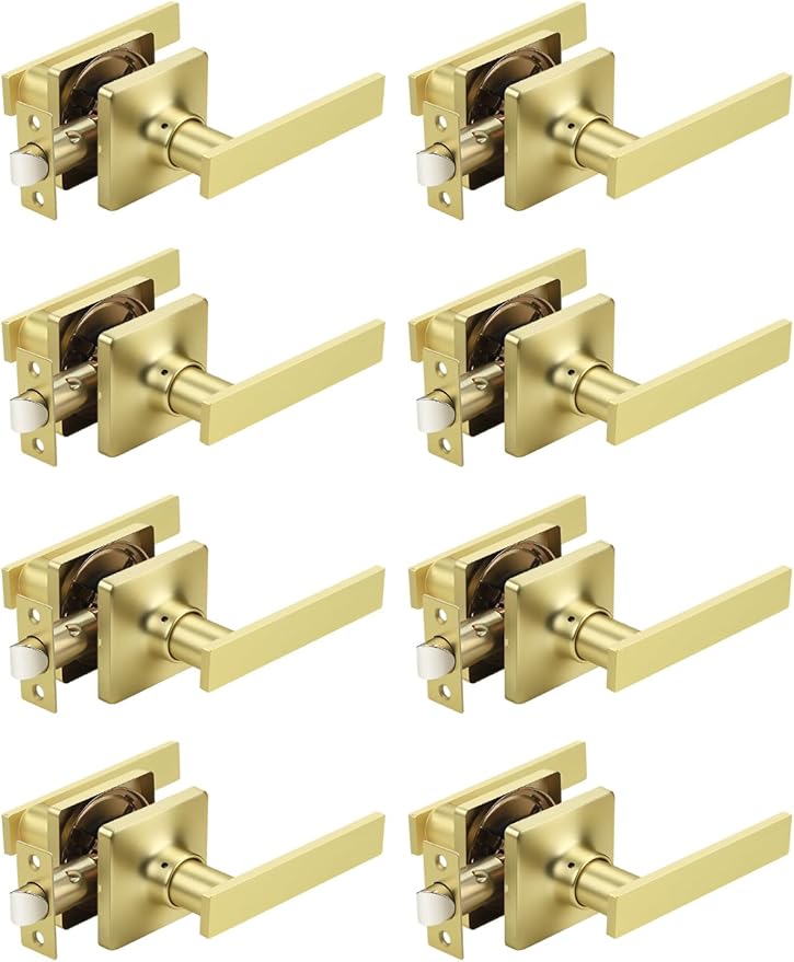 Mengico 8 Pack Passage Door Levers Gold Finish, No-Locking Keyless Square Door Knob, Interior Door Handles for Closet and Hallway, Reversible for Left & Right Handed