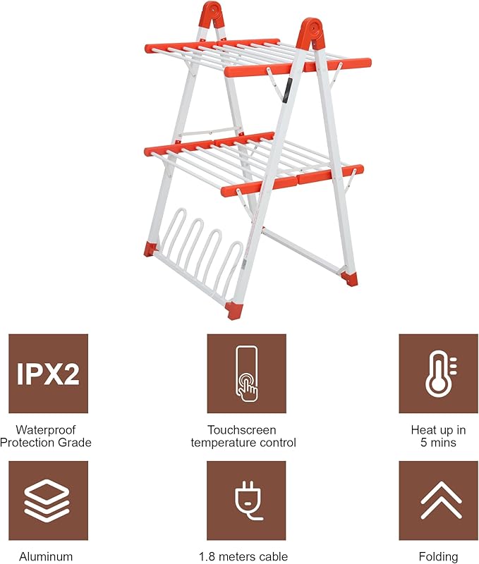 SHARNDY Electric Heated Clothes Drying Rack,Foldable Heated Garment Dryer with Timer Shut-Off Laundry Rack for Clothes Shoes Socks,Aluminum Alloy,Red,Plug & Play,(39.37x25.98x23.82in)