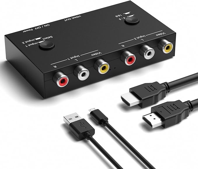 ZUZONG 2 RCA to HDMI, 1080P 2 Way RCA Composite CVBS AV Switch to HDMI Video Audio Converter Adapter Supporting 4:3/16:9, for PC Laptop Xbox PS2 PS3 N64 NGC SNES WII VHS VCR Camera DVD