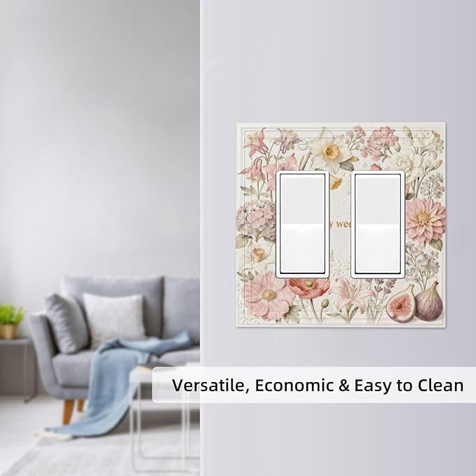 Bvtewkhz Floral Plant Watercolor Flowers 2 Gang Double Rocker Decorative Outlet Covers Light Switch Plate Electrical Receptacle Switchplate For Bathroom Kitchen Bedroom