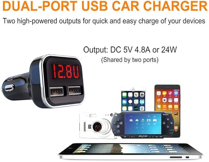 Jebsens 4.8A 24W Dual USB Car Charger Volt Meter Car Battery Monitor with LED Voltage & Amps Display in Red LED, Cigarette Lighter Voltage Meter, Compatible with iPhone 15 Pro Max Samsung Galaxy S24