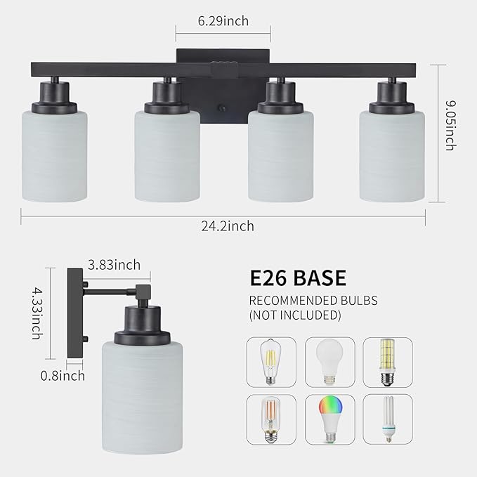 DIKAIDA Bathroom Light Fixtures, 4-Light Matte Black Bathroom Vanity Lights with Milky White Glass Shade, Bathroom Lights Over Mirror Wall Lamp Sconces for Mirror Bedroom, Living Room Hallway