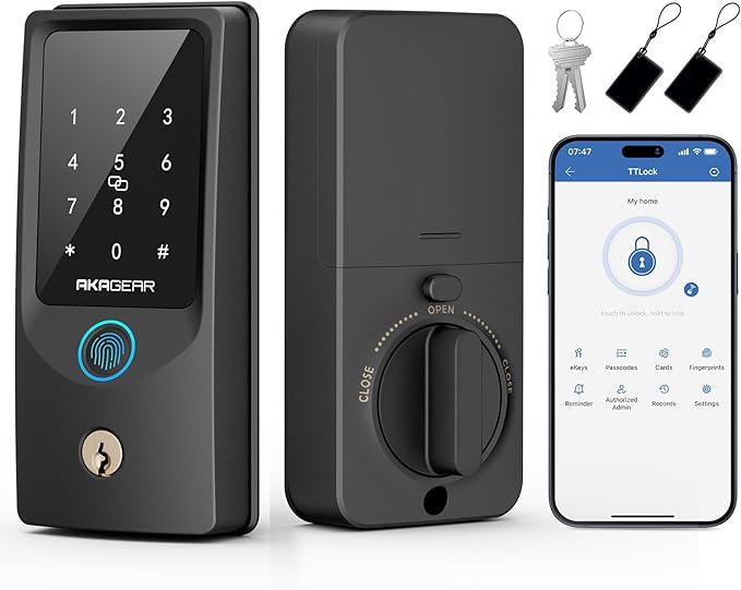AkaGear T02 Fingerprint Keyless Entry Door Lock - Built in WiFi, Smart Lock for Front Door, App Remote Control, Auto Lock, Keys, Fob Card, PIN Code Unlock, Touch Keypad Deadbolt with Batteries, Black