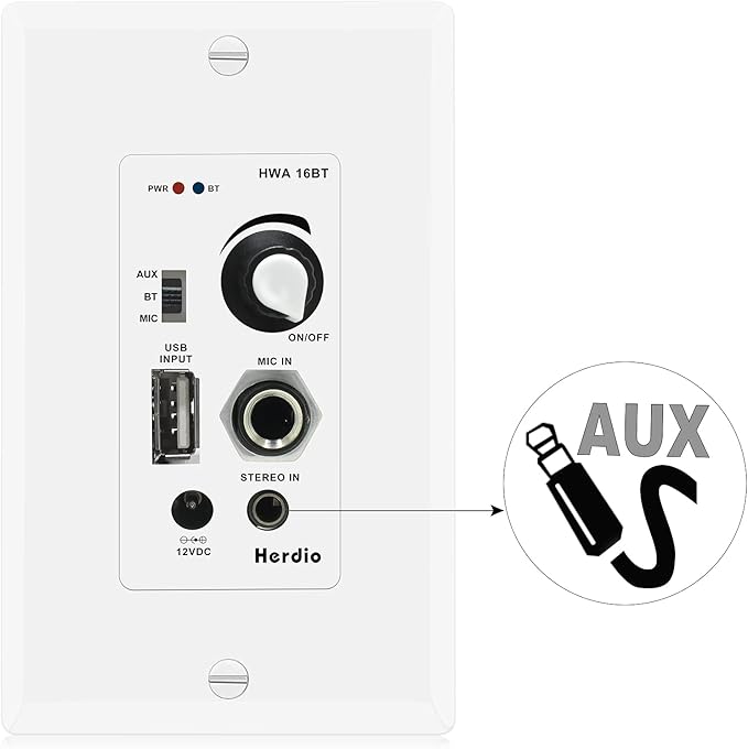 Herdio in Wall Audio Control Amplifier Receiver 2 Channel Wall Plate with USB Microphone Aux (3.5mm) Input 100Watt Max Module for Sound Systems Home Theater Integration Compatible with Bluetooth