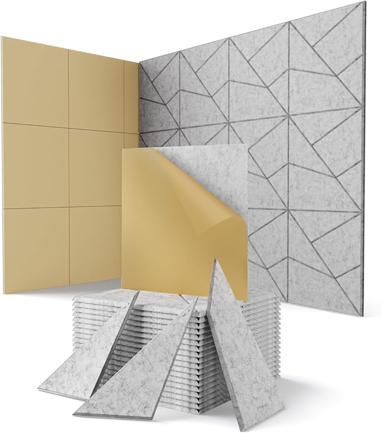 Topnaca 18 Pack Acoustic Panels Sound Absorbing for Wall Home Office, Gary Cut-line Decorative Sound Reducing Art Peel and Stick Ceiling Tiles for Recording Studio Acoustical Treatments Gaming Room