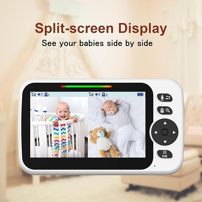 Blemil Upgrade Baby Monitor with 30-Hour Battery, 5" Large Split-Screen Video Baby Monitor with 2 Cameras and Audio, Remote Pan/Tilt/Zoom, Two-Way Talk, Room Temperature, Night Vision, 1000ft Range