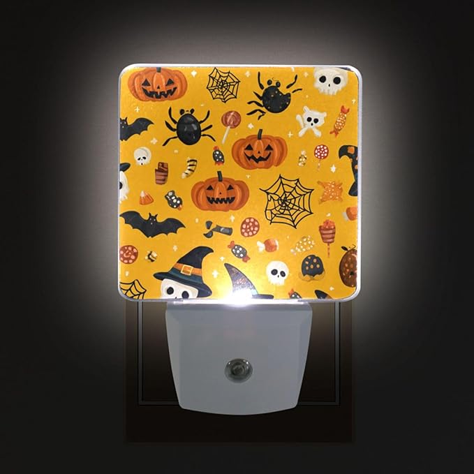 Pigsaly Led Night Light Cute Halloween Pumpkin Witch Hat Bat Skull Spider Web Candy Night Light Plug in Wall Lamp Smart Dusk to Dawn Sensor Nightlight Led Lamp Energy Saving Lights Gift for Kids Roo