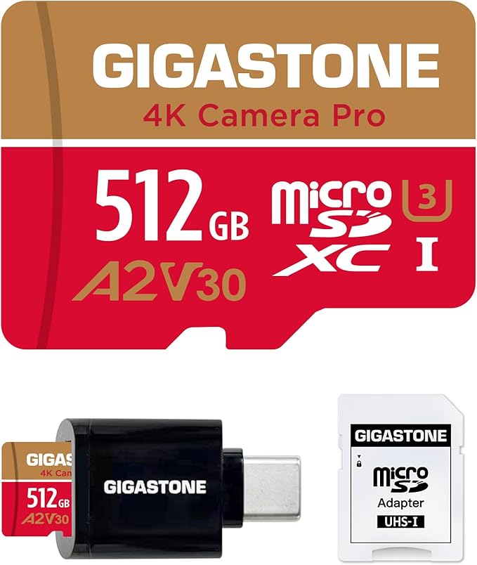[5-Yrs Free Data Recovery] Gigastone 512GB Micro SD Card, 4K Camera Pro, A2 V30 UHS-I U3 C10, Up to 150/120MB/s, for Smartphone, GoPro, Action Cam, 4K UHD Video, with Adapter & USB-C Card Reader