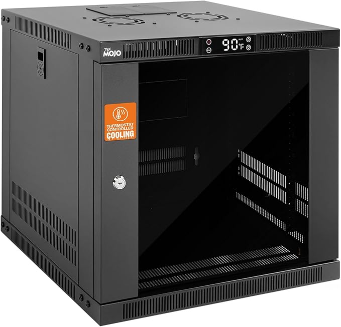 Tecmojo 9U Wall Mount Rack with Thermostat, 17.7inch Depth Enclosed Server Cabinet with 2 Cooling Fans,Lockable Door & Hardware,9U Rack for 19inch Equipments,Glass Door