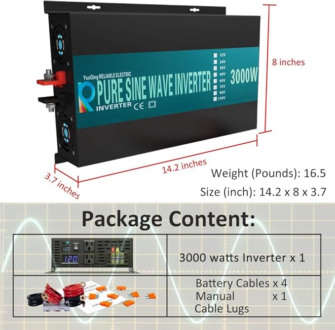 WZRELB 3000W 24V 110~120V Pure Sine Wave Solar Power Inverter with Remote Control Switch