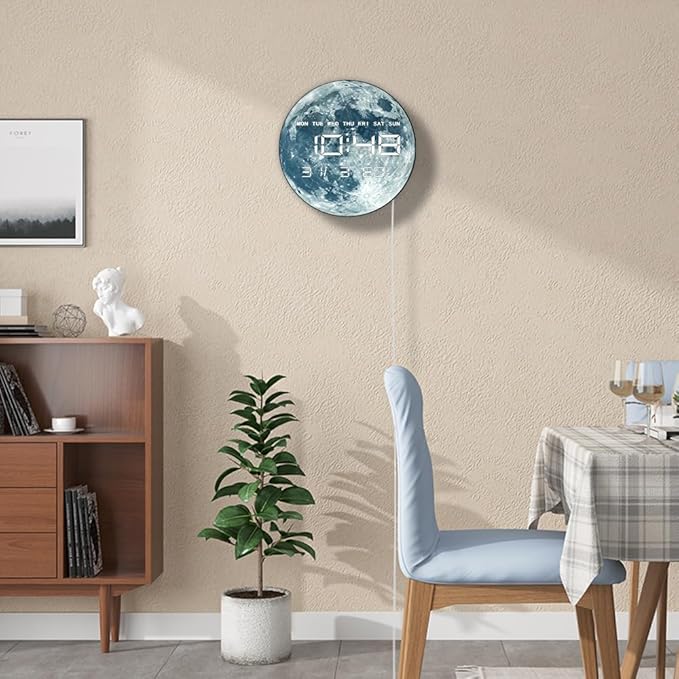 Timethink 12'' Full Moon Digital Wall Clock with LED Display, Lunar Moonlight LED Electric Wall Clock Calendar & Temperature, Automatic Dimming, 12/24hr Format, Wall & Desk Use for Bedroom Living Room