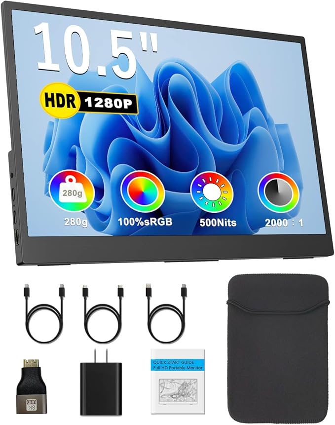 Viyivwine Portable Monitor 10.5'' 1920x1280 Second External Monitor for Laptop 3:2,100％sRGB,w/45° Adjustable Stand,HDMI USB-C Computer Display for Laptop PC Phone Mac