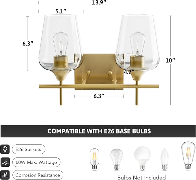 VONLUCE Bathroom Vanity Light, 2-Light Bathroom Light Fixture Over Mirror, Vanity Light Fixtures with Clear Glass, Modern Wall Sconce for Bathroom Bedroom Hallway Kitchen, Brushed Gold