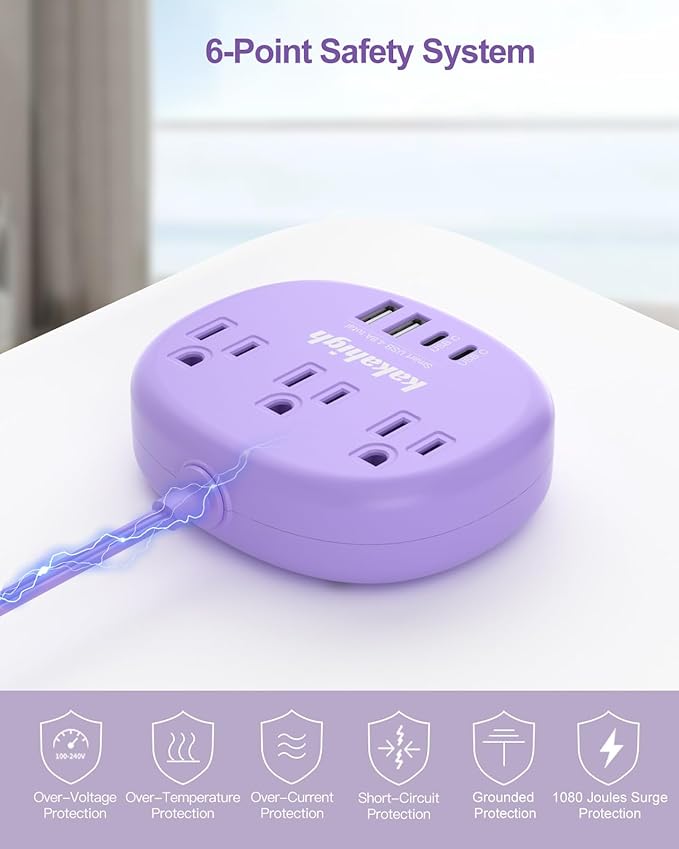 Purple Extension Cord with Surge Protected 1080J - 5 FT Flat Power Strip, 1625W Cute Extension Cord with 3 AC Outlet 4 USB (24W/4.8A), Compact for Cute Purple Kawaii Lavender Accessories