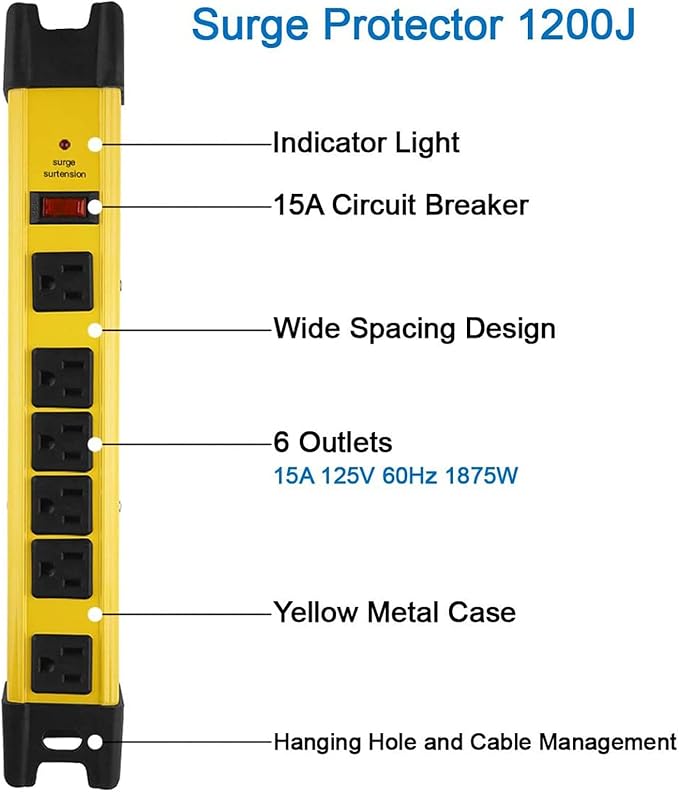 CCCEI Heavy Duty Power Strip Surge Protector with 15A, 6 Plug Industrial Shop Workshop Garden Metal Multiple Outlets, 10FT Extension Cord 1200 Joules ETL Listed, Yellow