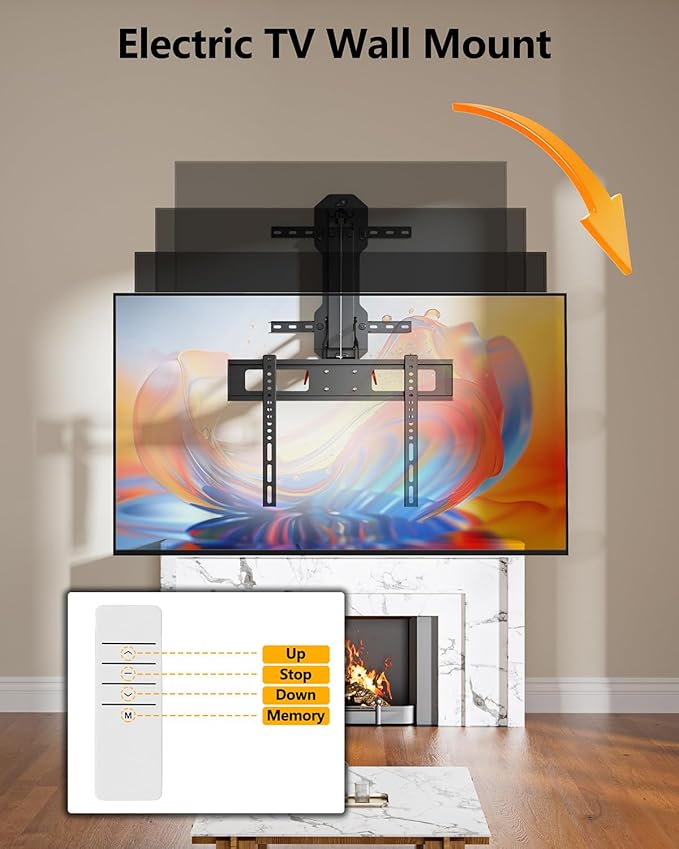 WHYFONE Motorized TV Mount with Remote for 32 to 85 inch Screen up to 88 lbs, Electric TV Mount Drop Down 17.7” Height-Adjustable on Fireplace, Max VESA 600x400mm, 8-16" Wood Stud/Brick/Concrete Wall