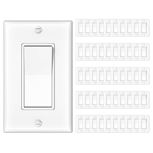 Amico 50 Pack Single Pole Light Switch with Wall Plate, UL Listed, 15A 120/277V, On/Off Rocker Paddle Interrupter Wall Switch, Grounding Screw, Residential Grade, Suitable for Home and Business, White