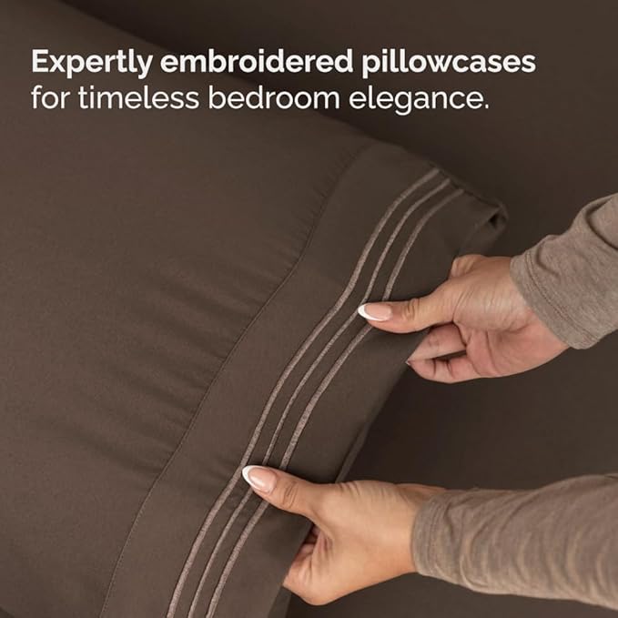 Full XL Bed Sheet Set - 4 Piece Extra Long Extended Full XL Sheets - Ultra-Soft, Breathable & Cooling - Fits 8” to 16" Mattress w/ Deep Pockets - 54" x 80" - Easy-Fit, Wrinkle & Fade Resistant - Brown