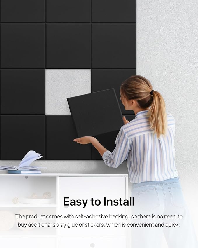 18 Pack Soundproof Wall Panels Self-Adhesive, Square Sound Proof Foam Panels for Wall, High Density Acoustic Panels, Acoustic Foam Panels for Home Office, Reccording Studio 12" X 12" X 0.4" Black