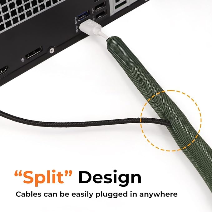 HOLED 1-1/2 inch Split Braided Cable Management Sleeve for USB Cable Power Cord Audio Video Cable, Wire Loom Cord Protector from Cat Dog Chewing (White, 10FT)