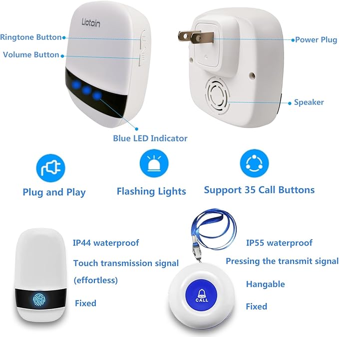 LIOTOIN Caregiver Pager Wireless SOS Call Button Nurse Alarm System Home/Elderly/Patient/Disabled/School Call Bell 5 Transmitter 5 Plug-in Receiver (600+ft Operating Range)…