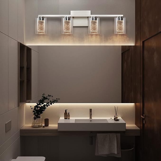 SADENICEL 4-Light Bathroom Light Fixtures, Brushed Nickel, Dimmable LED White/Neutral/Warm Crystal Bathroom Vanity Lights Over Mirror, for Bedroom,Living Room