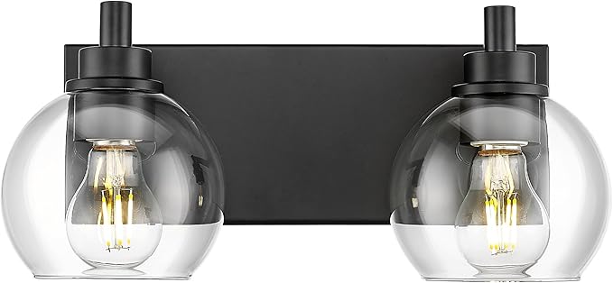 METWET Bathroom Light Fixtures, 2 Light Matte Black Vanity Light, Modern Wall Sconces with Clear Glass Globe Shade, Bathroom Wall Lights Over Mirror Kitchen Bedroom Hallway, VL195-MB-2