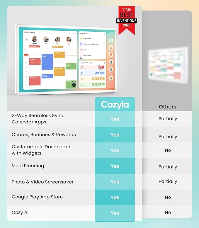 Cozyla Digital Calendar+ 2: 24 inch Wall Planner Touch Screen Chore Chart Customize Dashboard Smart Electronic Calendar for Family Schedules Meal Planner Support Any Google Play App Wall Mount White