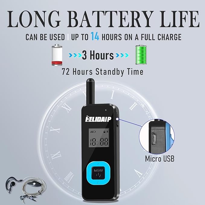 ELIDAIP T-M1 Super Mini Walkie Talkies with Headsets Portable Two Way Radio for Adults, Long Range Walkie Talkie for Hotel, Outdoor Sport, Restaurants, Hospital,Supermarket,Hiking,Camping, 3 Pack