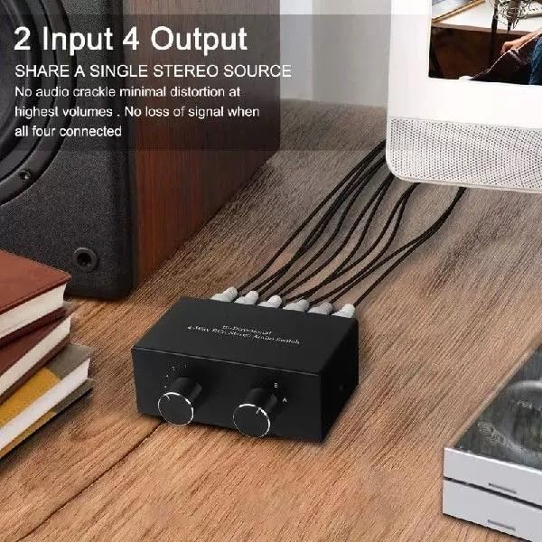 RCA L/R Audio Switcher, 4(2)-in-2(4)-Out Analogue Audio Switch, Noiseless Stereo Speaker Selector for Phono TV Headphones Soundbar PC Game, 4 Way Audio Splitter Box