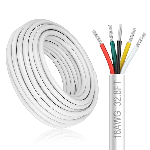 16 Gauge 5 Conductor Electrical Wire, 32.8FT White Stranded Low Voltage 16/5 Cable PVC Case, 16 AWG Tinned Copper 5 Wire Extension Power Cable for LED Lamp Lighting, Automotive