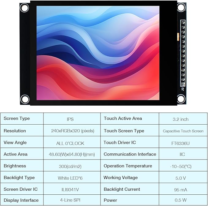 Hosyond 3.2 inch 240x320 IPS Capacitive Touch Screen LCD Module SPI Serial ILI9341V Driver for Arduino R3/Mega2560