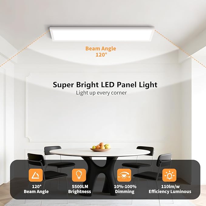AIKVSXER 1 Pack 1x4 LED Flat Panel Light, 50W 5500LM Surface Mount Ceiling Fixture, 3CCT (3000K/4000K/5000K), Ultra-Thin 48In, 10-100% Triac Dimmable for Kitchen, Garage, Office, Basement