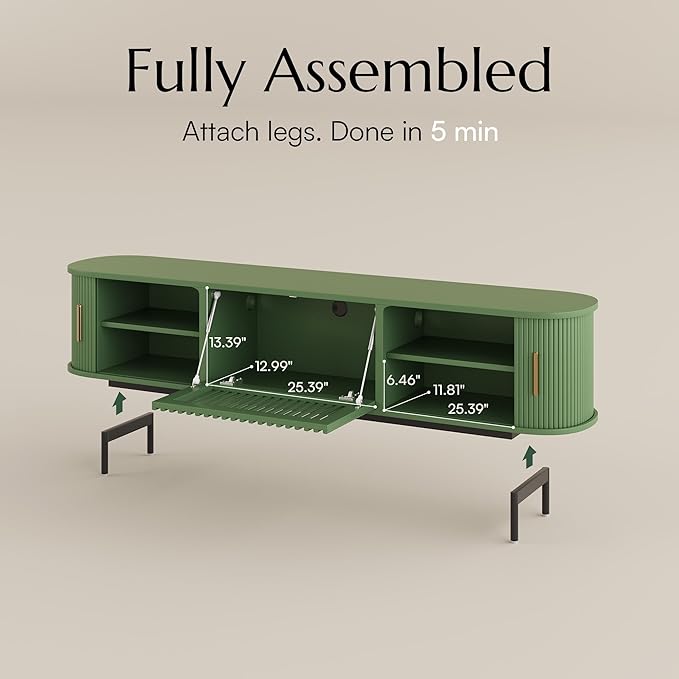 POVISON Fully-Assembled Modern Green TV Stand with Tambour Doors, Fluted TV Media Console for 75 Inch TVs, Sliding Door Entertainment Center with Storage for Living Room (Green, 78.74")