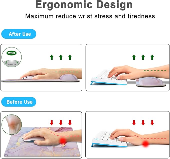 Keyboard Wrist Rest Memory Foam Ergonomic Mouse Pad with Computer Wrist Support Set with Non-Slip Rubber Base Coaster for Home, Office Easy Typing and Pain Relief - Black Marble (Pink Gold Marble3)
