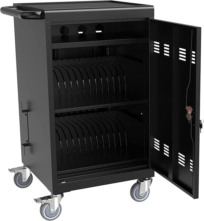OFLILAK 36-Device Mobile Charging Cart with Charging Power Strip and Front and Rear Access Locks, Cable Management, Up to 17"", Safe Charging Cabinet for Ipads, Chromebooks, Tablets, Laptops Black