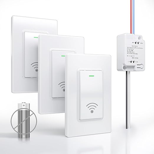 Wireless Light Switch and Receiver Kit (3V1), Self-Powered (No Battery Required), No WiFi Needed, Remote Control Lighting Switch for Indoor and Outdoor Light Fixtures, 4-Way