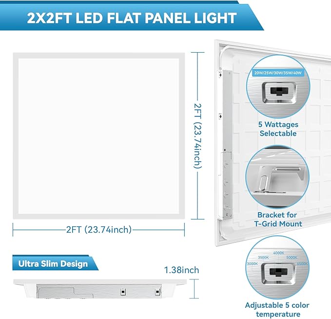 Msbfi 2x2 LED Flat Panel Light - 2 Pack Drop Office Ceiling Light 30-35-40W Adjustable, 130LM/W 3500K/4000K/5000K Selectable, 0-10V Dimmable, 100-277V for Office Ceiling Lighting Fixture ETL/DLC
