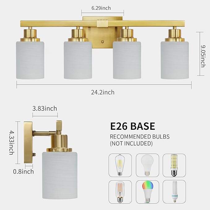 DIKAIDA 4-Light Gold Vanity Light, Modern Gold Bathroom Light Fixtures Over Mirror with Milky White Glass Shade, Bath Wall Mount Lights Wall Lamp for Mirror Bedroom, Living Room Hallway Kitchen