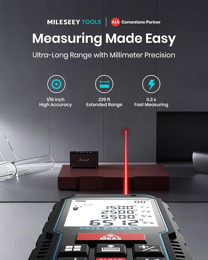 Laser Measure Device, MiLESEEY 229ft Digital Laser Tape Measure with Upgrade Electronic Angle Sensor, 2mm Accuracy, Area Measurement,Volume and Pythagoras, 2" LCD Backlit,Mute, Battery Included