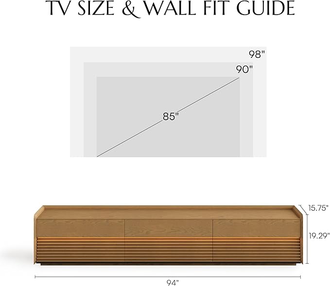 POVISON 95" Fully Assembled Mid Century Modern TV Stand with LED Lights, Extra Long Media Console with 6 Drawers, Luxury Wood Slatted Entertainment Center for 85 90 100 Inch TV
