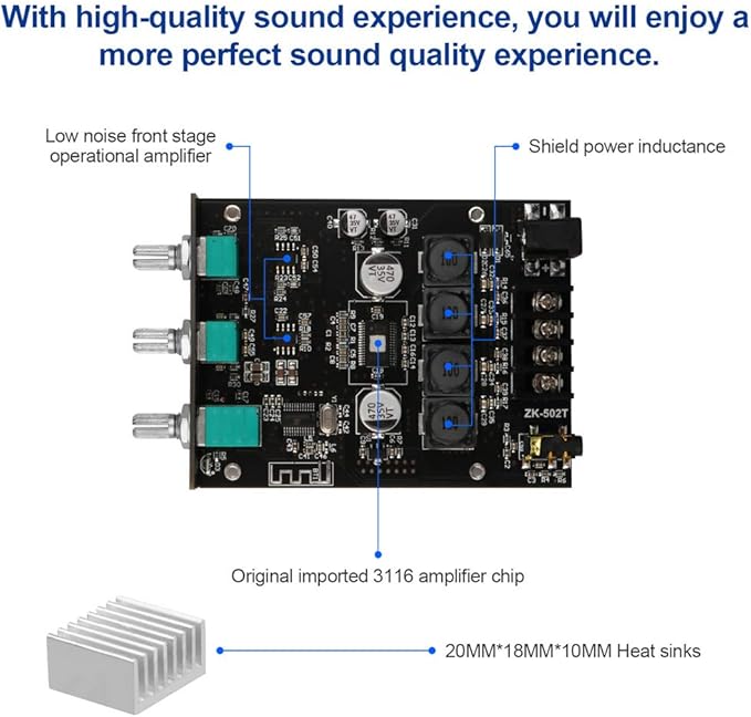 ZK-502T Power Amp Bluetooth 5.0 Audio Amplifiers Board 2.0 Channel 50W+50W AUX BT DC12-24V Mini Stereo Amplifier Module with Treble and Bass for DIY Home Speakers