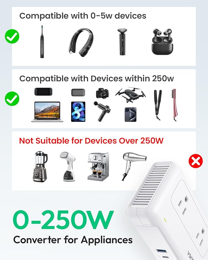 vansoet 220V to 110V Converter for European Travel, Voltage Converter US to Europe, Universal Travel Adapter with 2 USB C Ports & 1USB-A Port, Power Plug Combo for Curling Iron Hair Straighteners