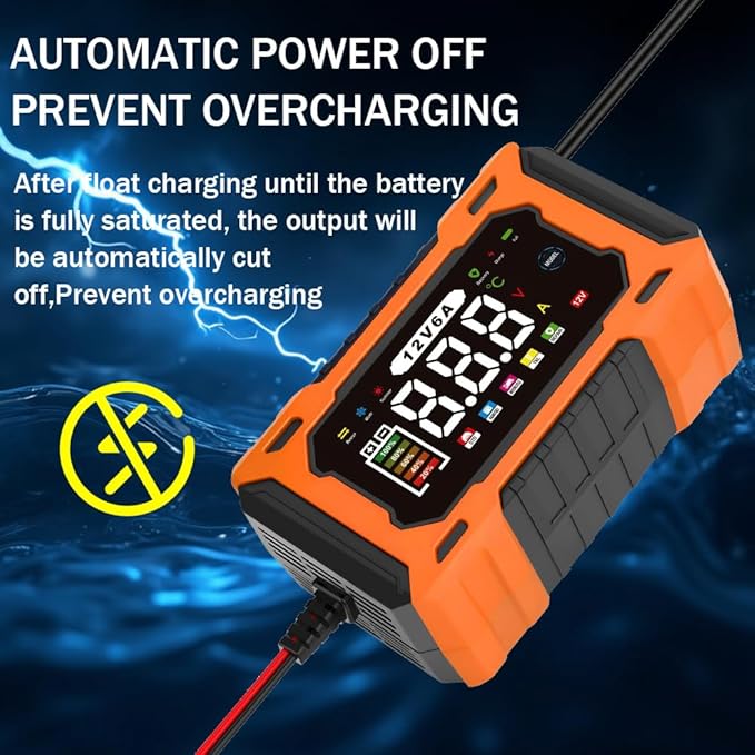 6-Amp 12V Smart Car Battery Charger, Battery Maintainer Trickle Charger with Desulfator, Pulse Repair & Overcharge Protection - for Car Lawn Mower Marine Lead-Acid Batteries (Orange)