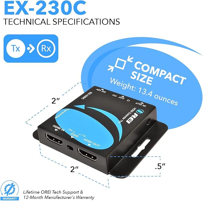 OREI 4K HDMI Over Ethernet CAT6/CAT7 Extender, Extender RJ45 4K@30Hz Upto 130 Ft 1080P Upto 230 FT Full HD POC Transmitter & Receiver IR Loop Out (EX-230C)