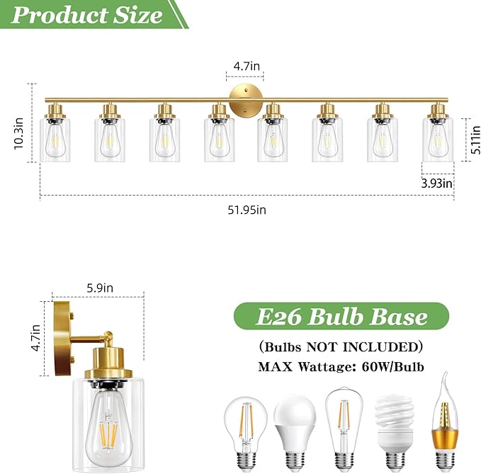 Guliaofo 8-Light Brushed Gold Vanity Lights for Bathroom, Lighting Fixtures Over Mirror with Clear Glass Shade, Modern Kitchen Light Fixtures Wall Lamps Sconce Light - E26 Base
